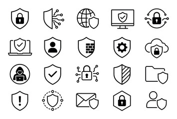 Fototapeta premium Cybersecurity and data protection line icon set featuring shields, padlocks, firewalls, and cloud security symbols for digital safety and network defense concepts