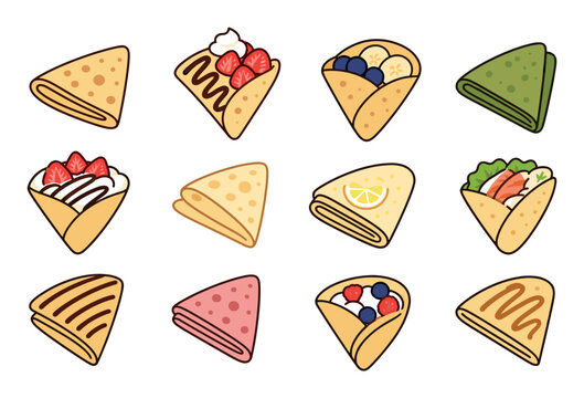 Sweet and savory French crepes vector illustration set featuring various delicious toppings like fresh strawberries, blueberries, chocolate drizzle, lemon, and matcha green tea