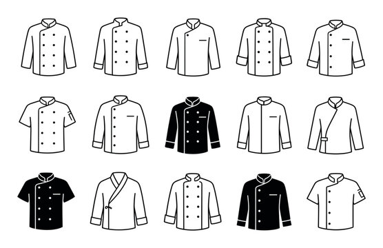Chef jacket icons set for restaurant uniform design, featuring various styles of professional cook coats, baker shirts, and culinary apparel line art