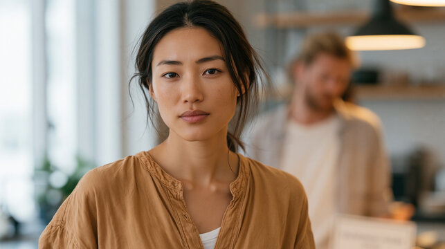New employee of East Asian descent overhears a comment about her accent from colleagues in a shared kitchen, her expression caught between composure and pain, a performance award