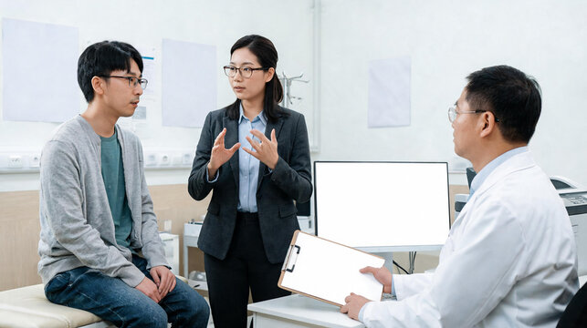 Medical team consulting patient in clinic, doctor nurse and counselor discussion, healthcare planning, diagnosis advice, multidisciplinary care, patient support