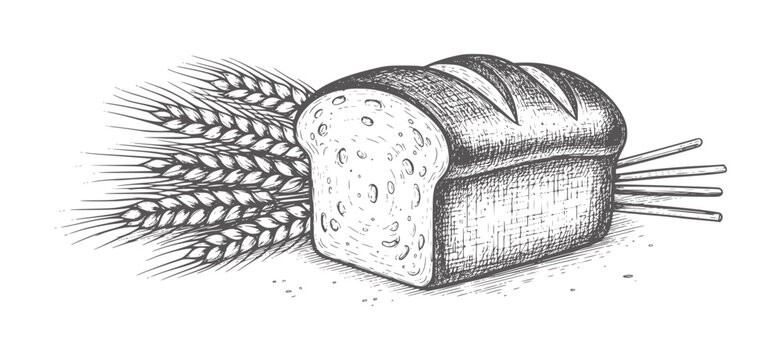 Hand drawn of sliced bread loaf with wheat stalks and grains