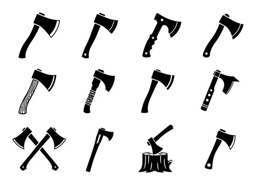 Black axe and hatchet icons representing woodcutting, lumberjack equipment, forestry tools, and camping gear for graphic design projects