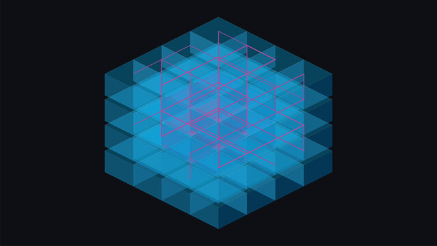 Glowing blue AES cipher scrambling isometric data cube grid with neon laser path on dark background
