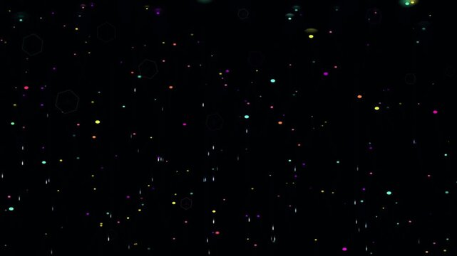 Falling Colorful Geometric Confetti Rain Hexagons And Dots On Black Background Festive Digital Holiday Celebration Loop