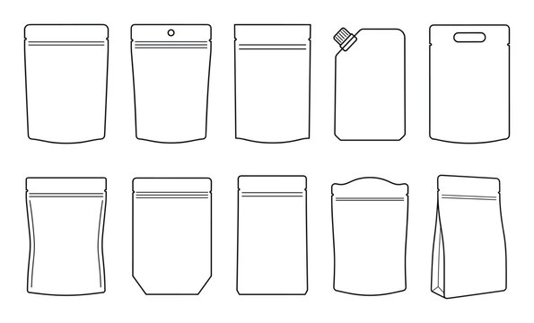 Stand up pouch and doypack packaging vector templates set. Flexible zip lock bag line icons.