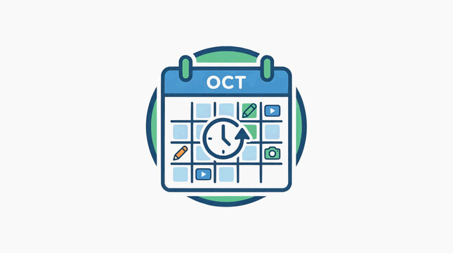 October Calendar Graphic: A stylized calendar displaying OCT signifies monthly planning and time management, featuring icons for tasks, content creation, and deadlines within a clean, modern design.