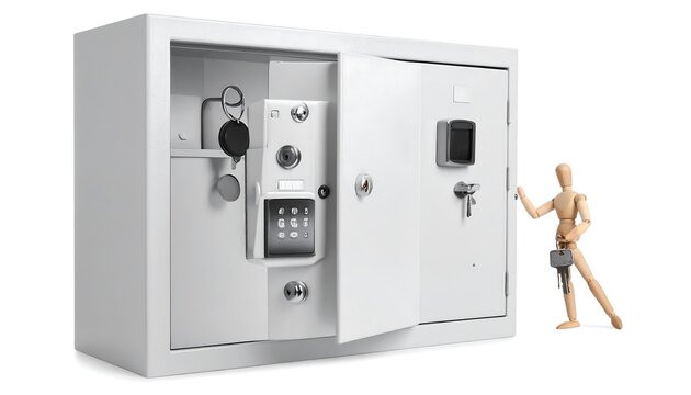 A wooden mannequin opens a safe with a keypad and handles