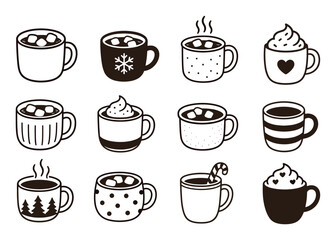 Fototapeta premium Hot chocolate mugs with marshmallows and whipped cream in a vector illustration set of cozy winter drinks, coffee cups, and sweet cocoa doodles