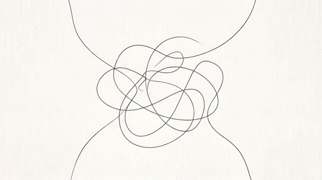 A complex, tangled line in black ink on a white textured paper background, forming a chaotic knot of intersecting loops and curves here