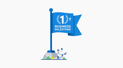 Obraz premium Business Milestone Flag: A blue flag atop a pedestal marks a significant business milestone, symbolizing progress and achievement in a conceptual graphic.