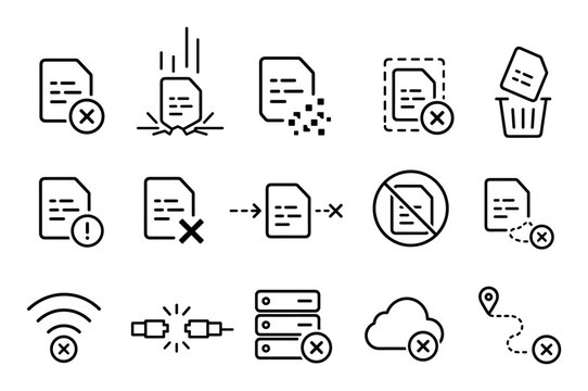 Data loss and file deletion line icons representing corrupted documents, server errors, disconnected cloud storage, broken connections, and offline network status