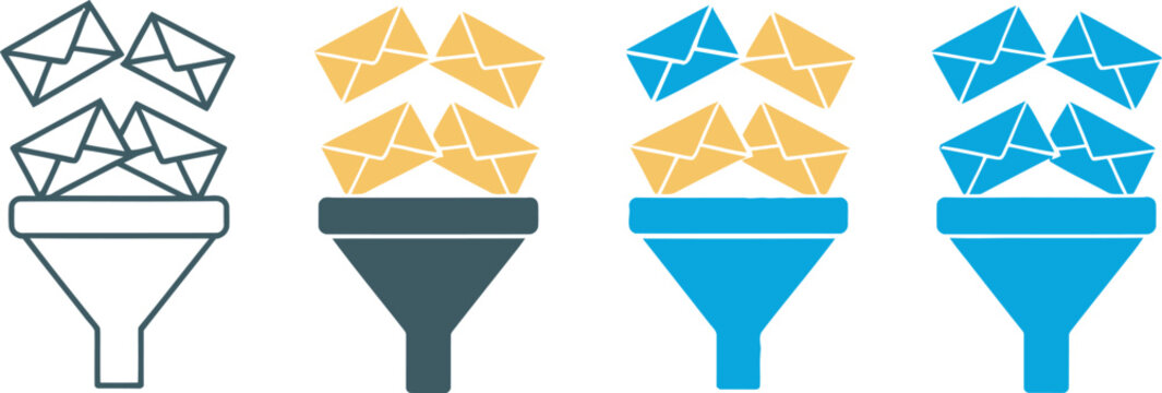 Email spam filtering and message sorting icon set, vector illustration for inbox protection, marketing control, email security, spam detection and data organization systems.
