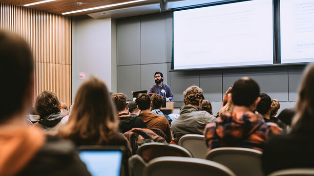 The university panel discussion features a technology ethicist on stage, with an algorithmic accountability slide being projected, as debate over artificial intelligence bias continues, with an academ