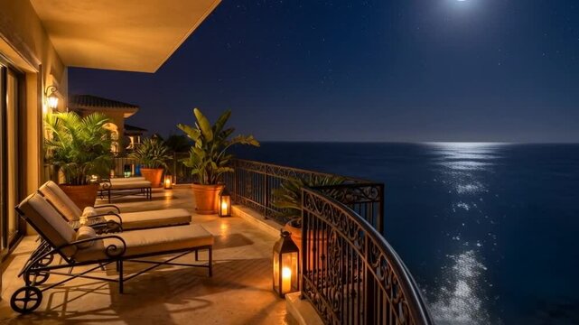 Luxury Balcony Overlooking Ocean Under Full Moon at Night.