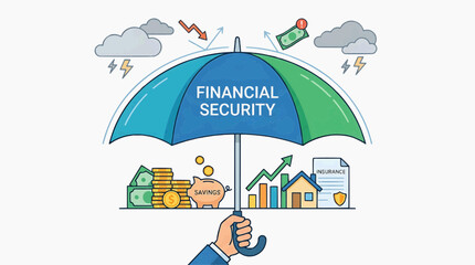 Naklejka premium Financial Security Umbrella: An illustration depicting financial security under a large umbrella, featuring elements like money, piggy bank, insurance, house, and graphs.