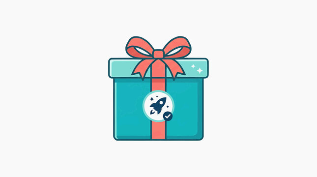 Gift Box with Rocket Icon: A teal gift box adorned with a red ribbon and bow, featuring a circular icon with a rocket and stars, symbolizes a surprise or a launch of something new.