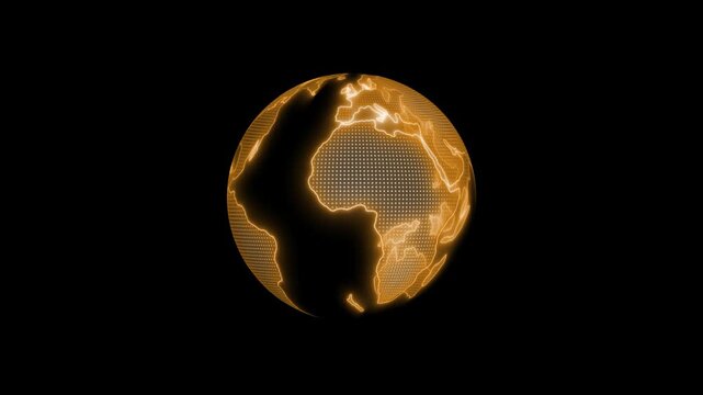 Glowing digital globe with visible on a black background, showing a modern world map in white light animation