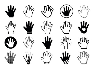 Fototapeta premium Hand icons in various styles including solid silhouettes, outlines, dotted lines, skeleton bones, pixel art, and heart shapes for graphic design elements