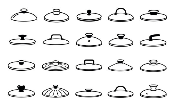 Cookware pot lids and pan covers set featuring various designs of kitchen utensil tops with different handles and knobs for cooking equipment