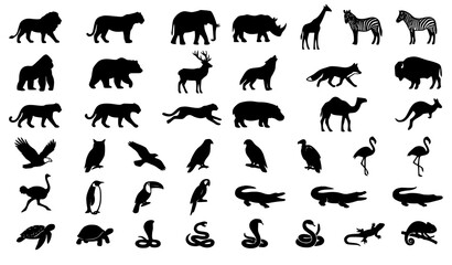 Obraz premium Wild Animal Silhouette Icons Collection with Mammals Birds and Reptiles Vector Set