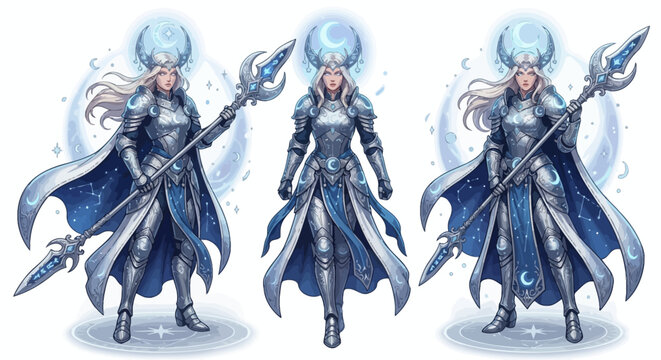 moonlight paladin warrior princess with silver spear fantasy vector illustration. fantasy rpg character vector illustration with magical lunar energy effects, isolated on light background.