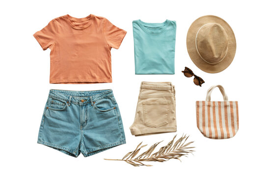 Flat lay of casual summer clothing and accessories for a warm weather getaway, including shorts, t-shirts, hat, sunglasses, and tote bag