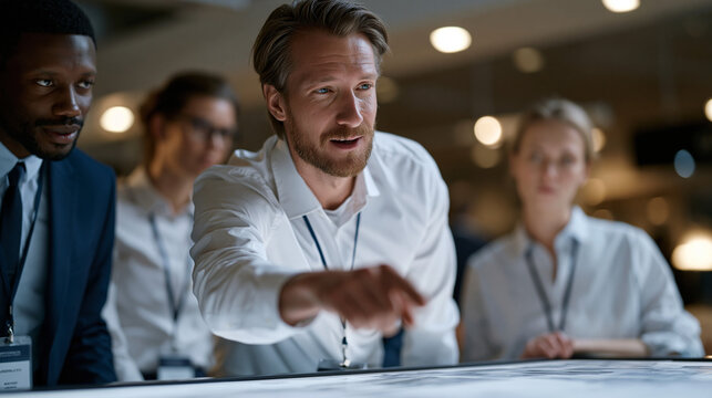 Sales team surrounds an unveiled product prototype on a raised platform, lead marketer mid-sentence pointing to key differentiators on a foam display board, press badges visible