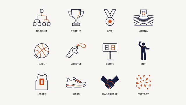 Basketball playoffs bracket icon sheet &ndash; Perfect for postseason tracking grids, bracket challenge portals, or media coverage.