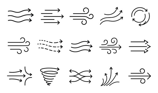 Wind and air flow line icon set representing breeze blowing weather conditions and directional movement arrows for graphic design and interface elements