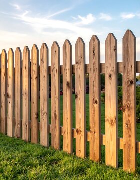A wooden picket fence on green grass with a blue sky background
