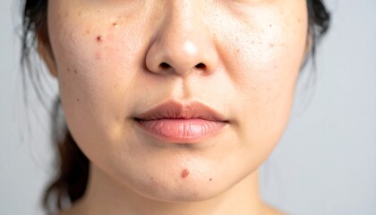 Fototapeta premium Close-up of a woman's face with acne and freckles