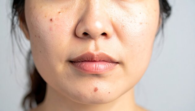 Close-up of a woman's face with acne and freckles