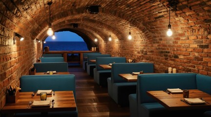 Obraz premium Restaurant interior with brick arched ceiling and blue booth seating. Tables set for dining with view of the ocean and sky. Cozy ambiance with warm lighting.