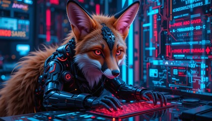 Fototapeta premium Cyber Fox Hacker at Futuristic Computer Terminal