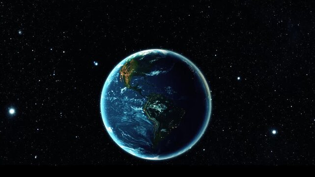Glowing earth seen from space with stars in the dark background, showing blue oceans, clouds and city lights on the night side