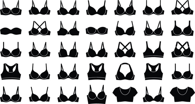 Women Underwear Bra Types and Lingerie Styles Silhouette Vector Icon Set for Fashion Retail, E-Commerce Shops, and Apparel Design Layouts
