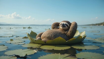 Fototapeta premium Cute Sloth Relaxing on Lotus Leaf