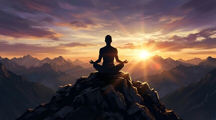 Fototapeta premium Silhouette of a person sitting in a lotus meditation pose on of a rocky mountain peak during a dramatic golden sunset with clouds