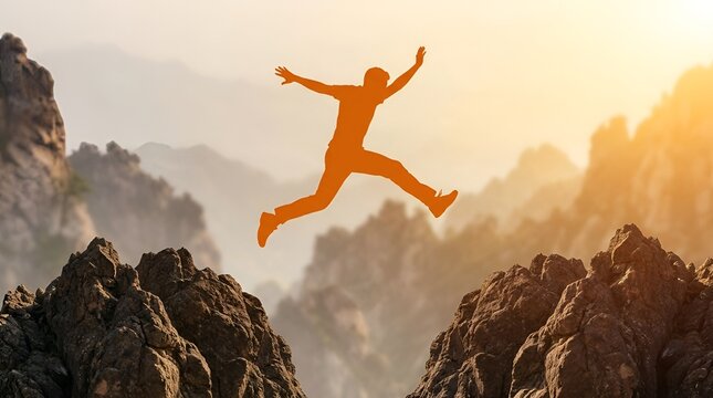 Silhouette of a man jumping across a gap between two rocky mountain peaks during a bright golden sunset with hazy mountain background