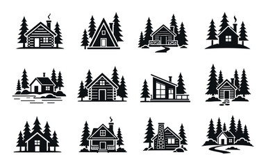 Obraz premium Log cabin and rustic forest house icons set featuring various wooden cottage designs with pine trees for outdoor adventure and camping graphics