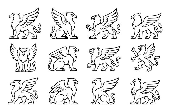 Griffin line art icons set of mythological creatures featuring various poses of the legendary winged beast for heraldic emblems, logos, and graphic design elements
