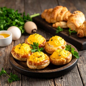 A wooden plate holds five savory pastries with golden tops