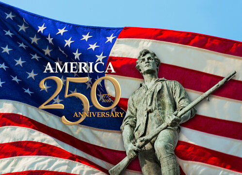 Statue of American revolutionary soldier with American flag