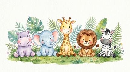 Naklejka premium Cute Watercolor Baby Safari Animals Nursery Wall Art Collection