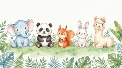 Naklejka premium Cute Watercolor Animal Friends with Panda Bunny Alpaca and Elephant