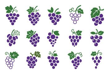 Obraz premium Purple grape bunch icons with green leaves in various graphic styles for wine branding, fruit logo design, and agricultural business identity