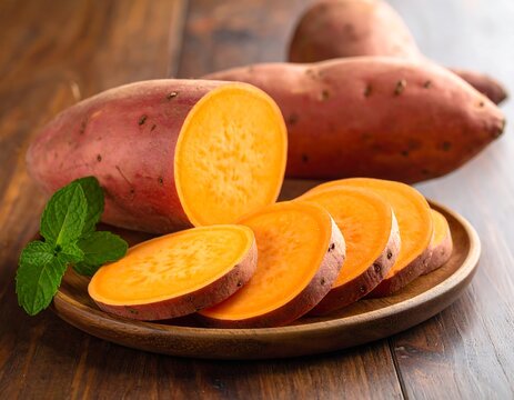 A wooden plate holds sliced sweet potatoes and a sprig of mint on a rustic wooden table