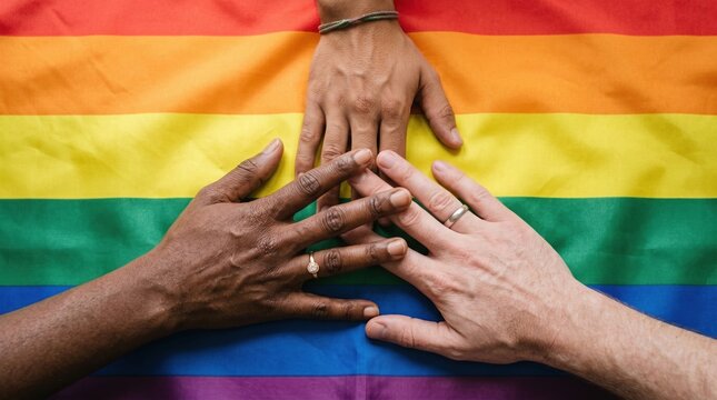 Hands on Rainbow Flag Symbolizing Unity