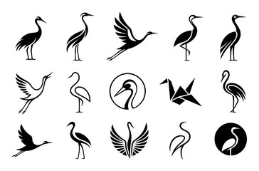 Fototapeta premium Crane and heron bird vector silhouette icons set featuring various minimalist designs of storks, egrets, and origami birds in elegant flying and standing poses